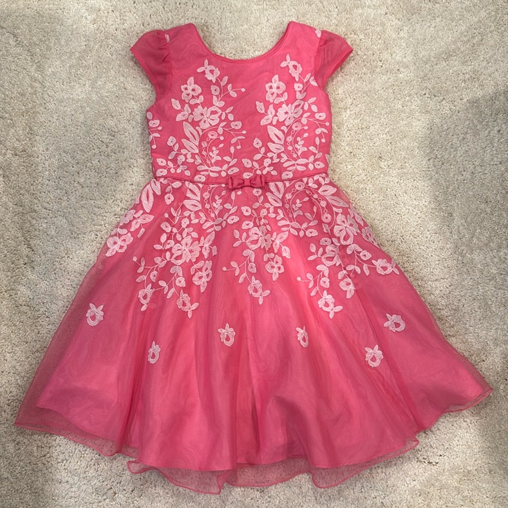 Jona Michelle pink tulle/mesh dress with white lace floral design girls size 7